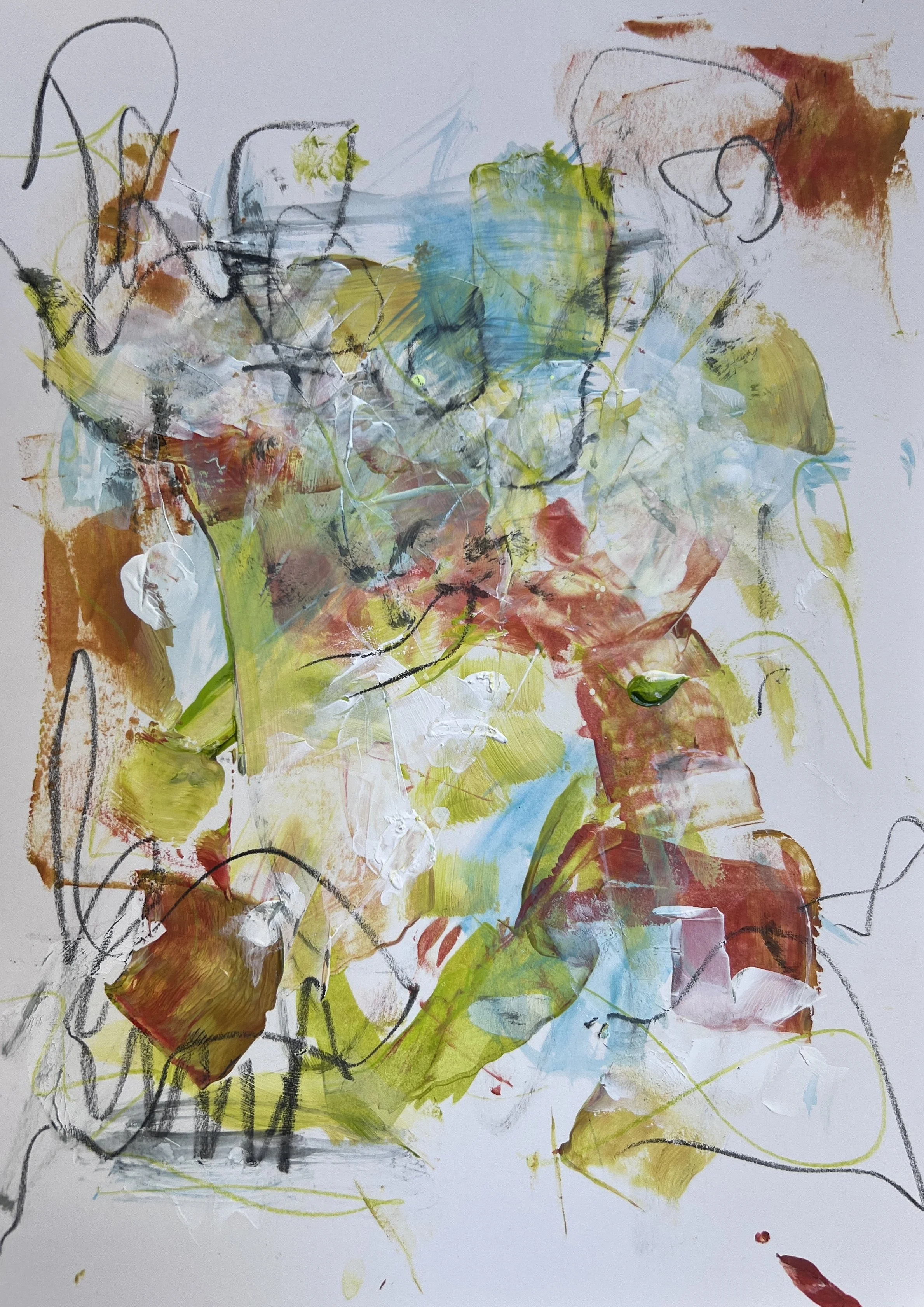 Colorful mixed media abstract with blues, greens, rust tones, white layers, and bold charcoal lines in a bronze metal frame.