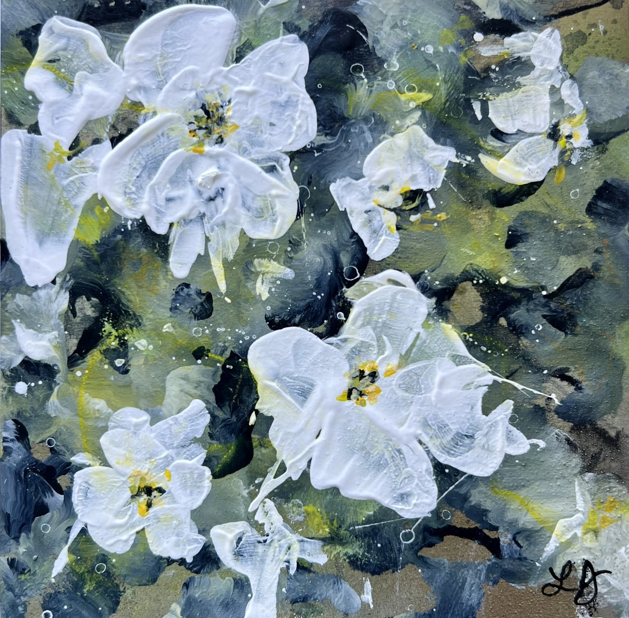 Small 6×6 acrylic painting of white blossoms over textured greens and blues on a cradled wood panel.