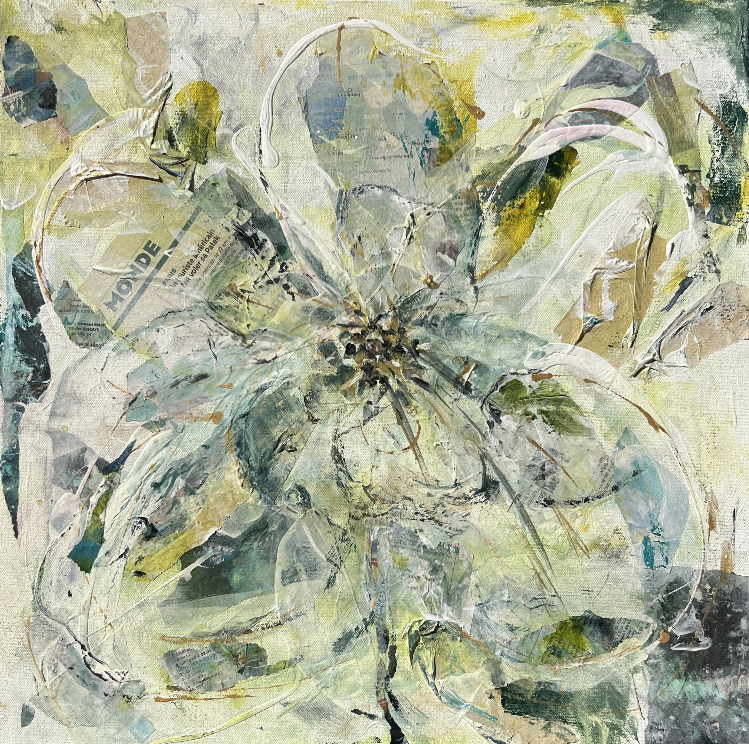 Soft green and yellow mixed media floral painting with layered textures, collage details, and an abstract flower at the center.