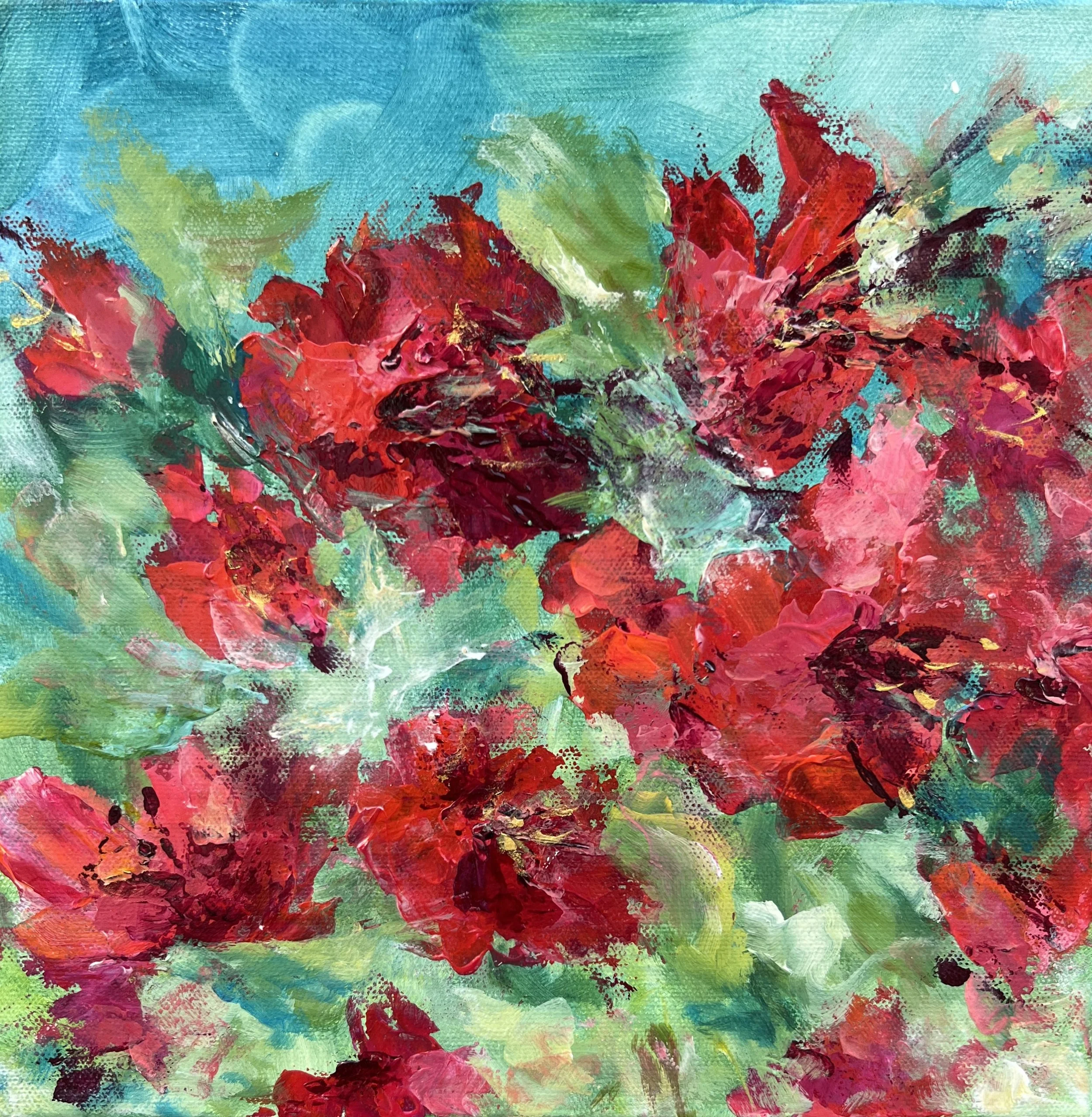 Vibrant abstract floral painting with bold red blooms and aqua background in a textured 10×10 acrylic canvas.