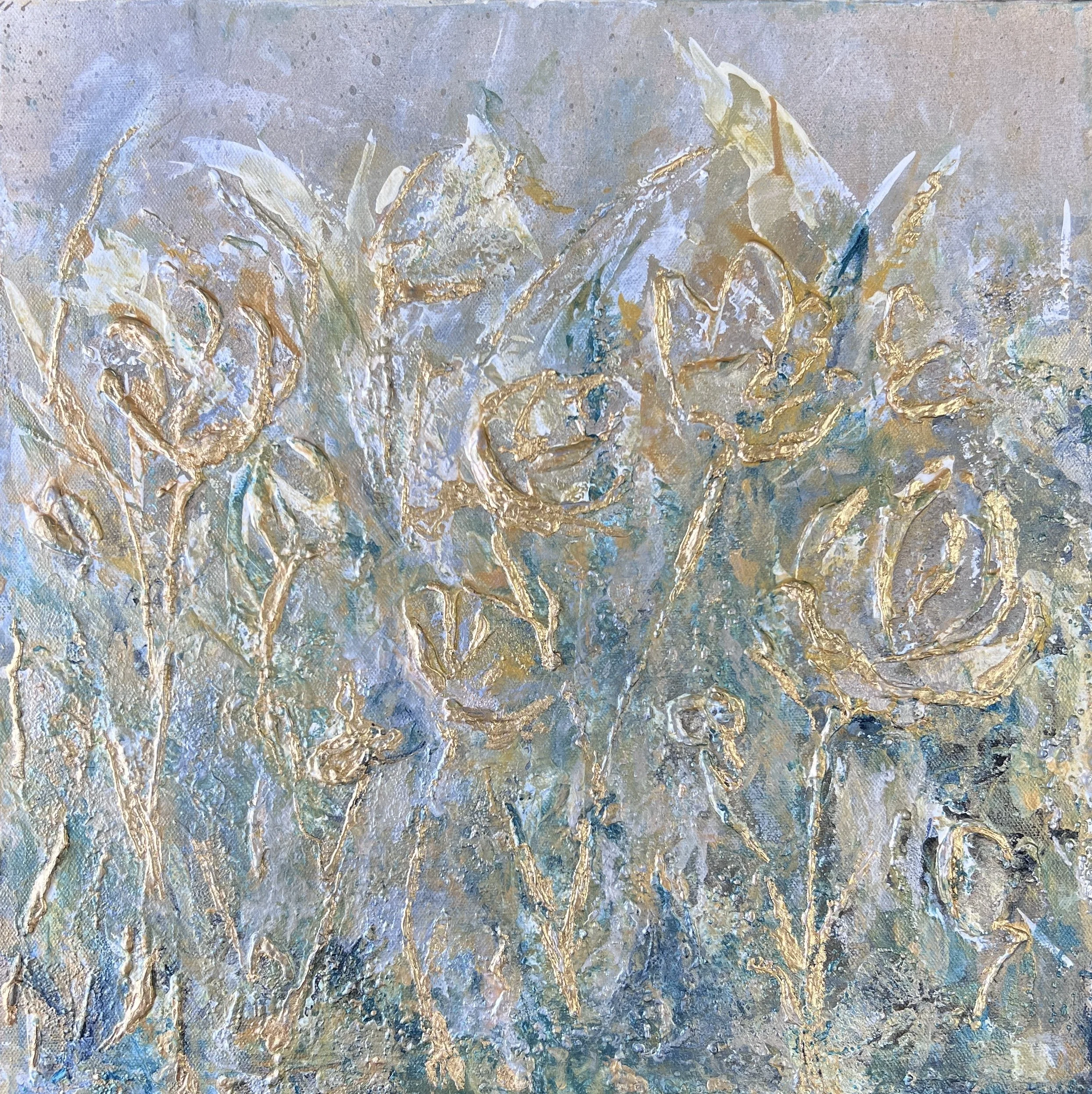 Textured blue and gold mixed media floral painting with metallic gold leaf accents on a 16×16 canvas.