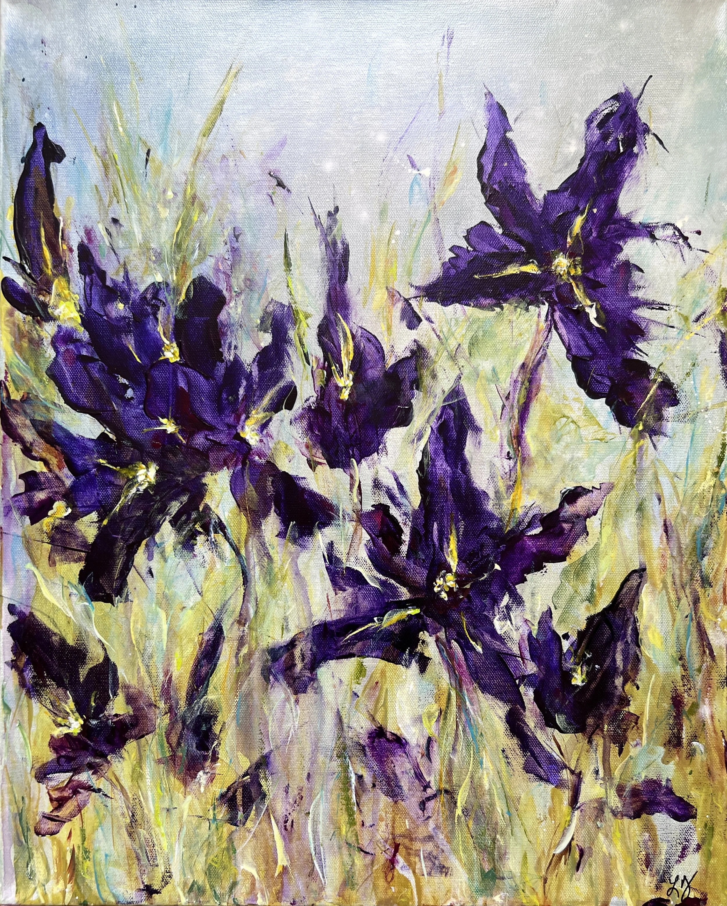 Purple abstract iris flowers with expressive brushstrokes against a soft pastel background