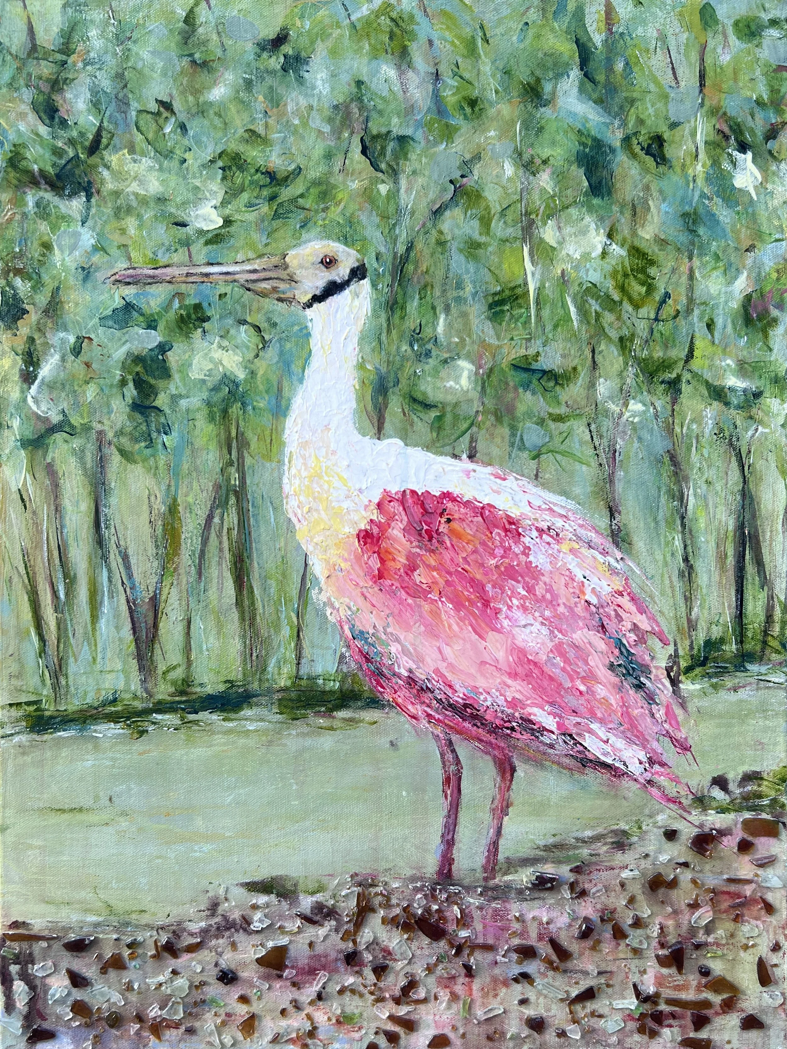 Pink roseate spoonbill standing near the LSU Lakes, painted with textured mixed media and surrounded by lush green trees.
