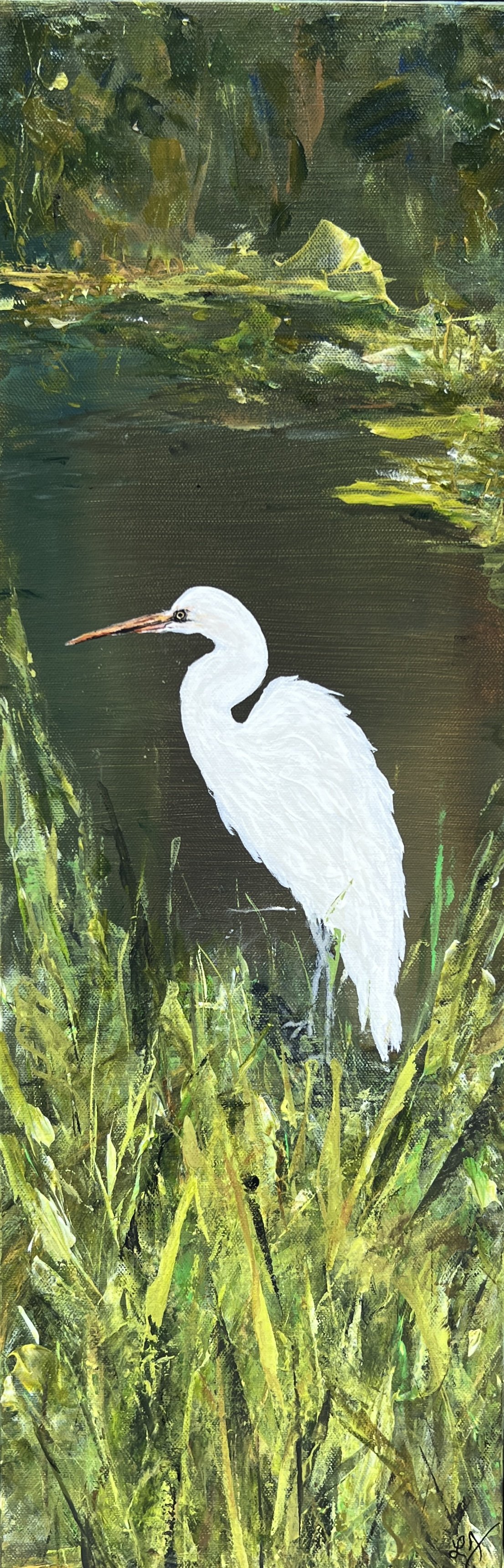 White egret standing in tall green grasses beside the LSU Lakes, painted in acrylic with rich greens and natural wetland textures.