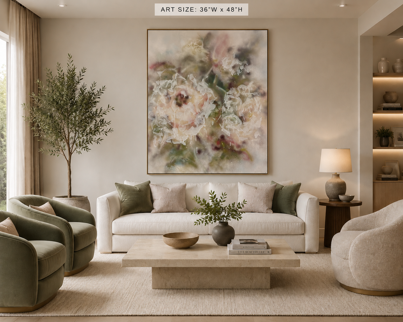 Living room with a large white sofa, green and beige pillows, a coffee table with a vase and dinnerware, two green armchairs, a side table with a lamp, a tall potted plant, built-in shelving, and an abstract floral painting on the wall.