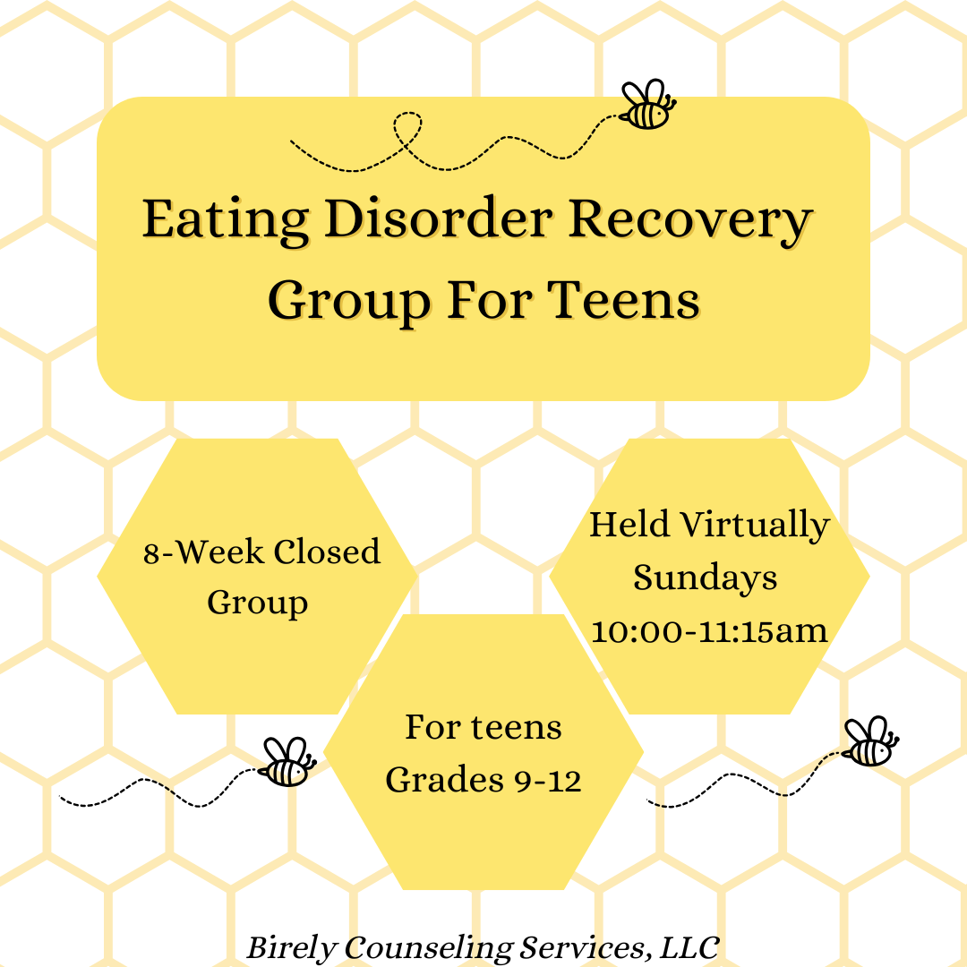Flyer with a honeycomb pattern background advertising a teen eating disorder recovery group, mentioning it is held virtually on Sundays from 10:00 to 11:15 am, for grades 9-12, and is an 8-week closed group. The flyer features bees and black text on yellow hexagons.