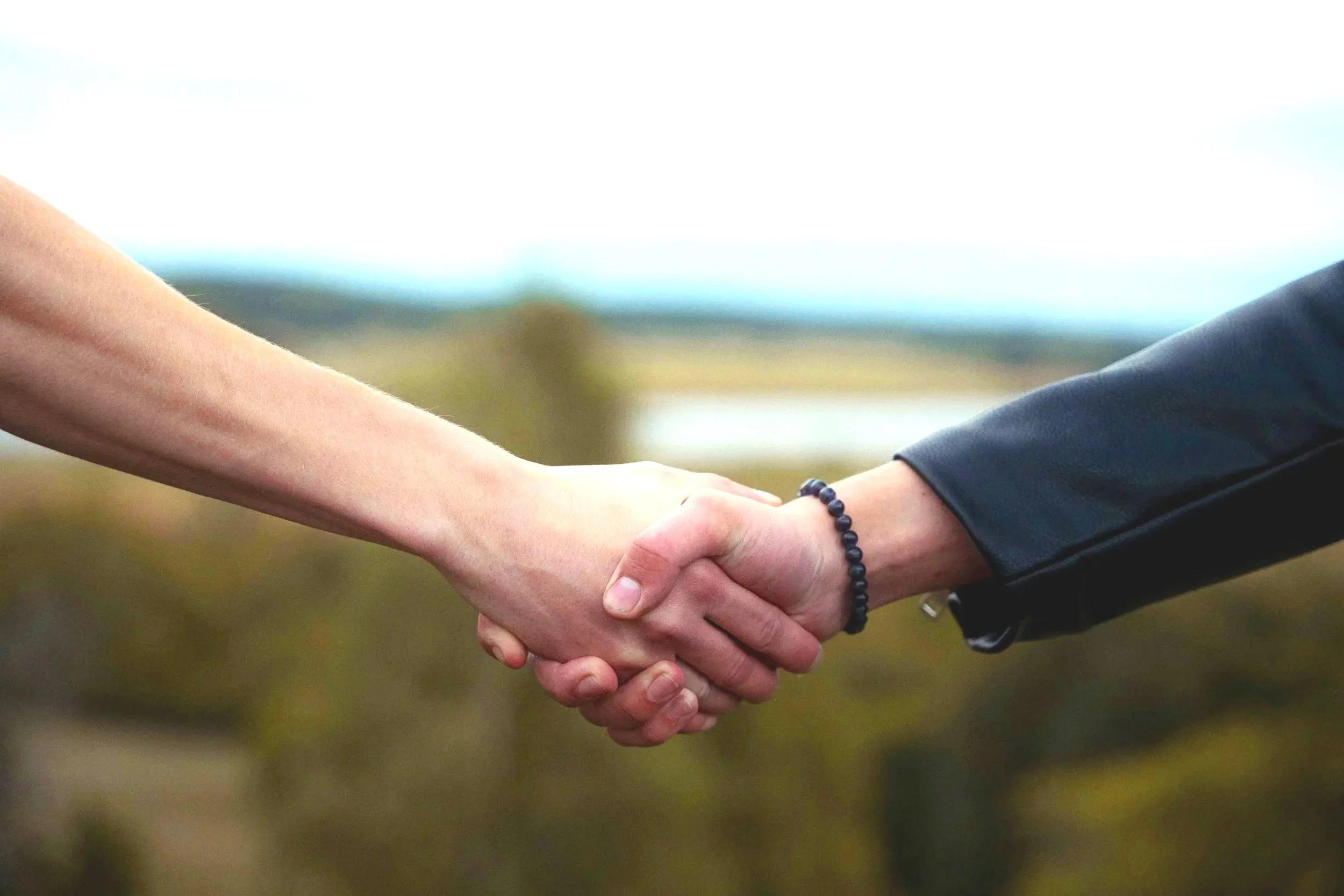 A close-up of two people holding hands outdoors, one wearing a black suit and the other with a beaded bracelet, with a blurred landscape background.