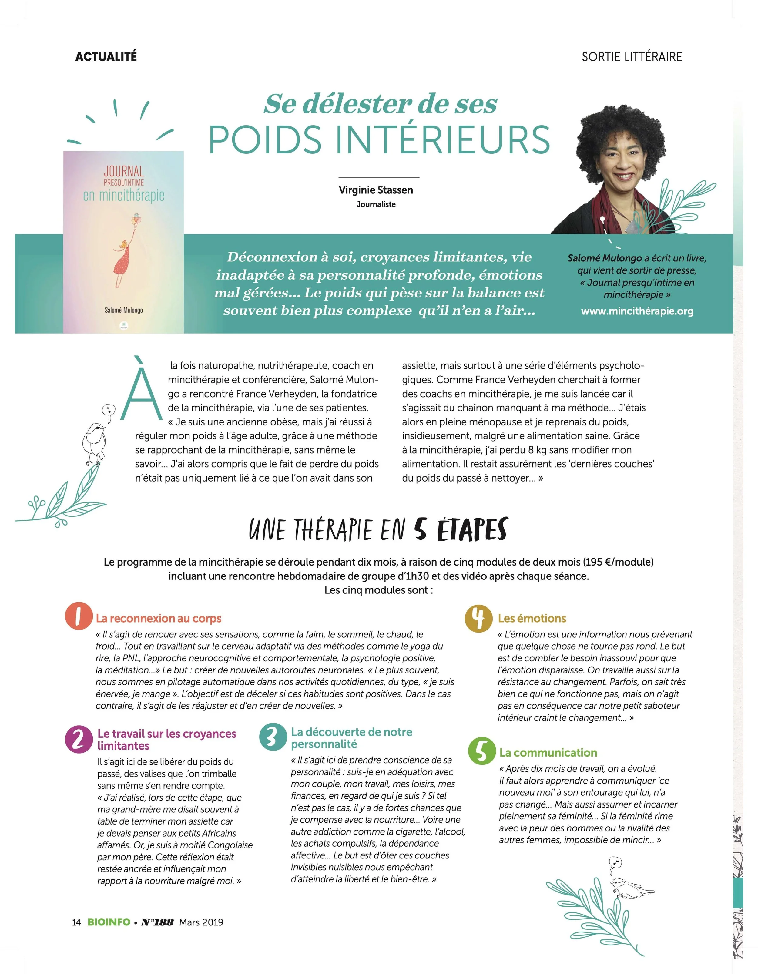 Page d'un magazine avec titre en français 'Se délester de ses poids intérieurs', image du livre "Journal presqu'intime en mincithérapie" et photo de Salomé Mulongo souriante, décorations florales.