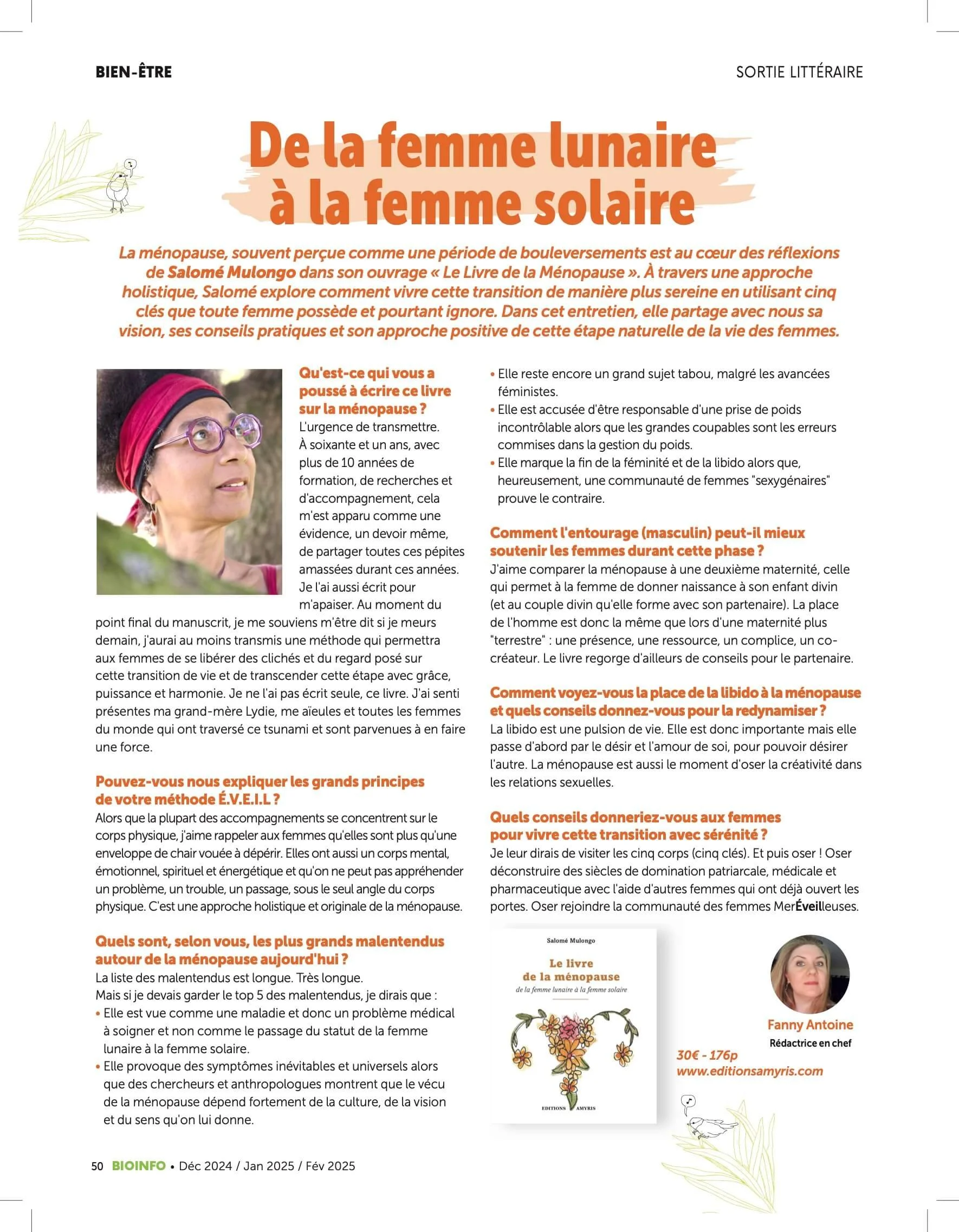 Sortie du livre 'Le livre de la ménopause - de la femme lunaire à la femme solaire' de Salomé Mulongo dans le magazine Bioinfo.