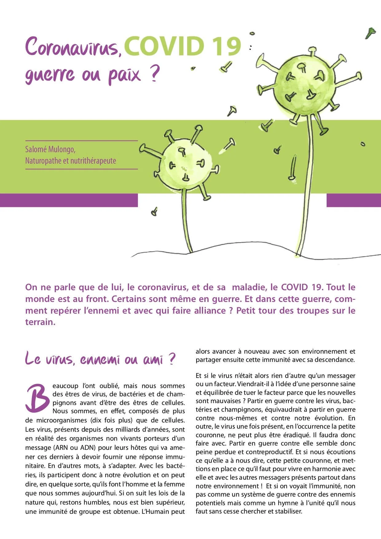 Page d'un document avec le titre 'Coronavirus, COVID 19 : guerre ou paix ?' et illustration de deux virus ressemblant au coronavirus. Texte qui déconstruit notre approche du virus. Vision naturopathique de la bonne entente avec les virus.