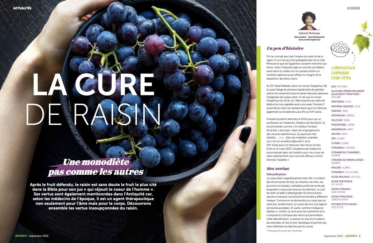 Article sur la cure de raisin par Salomé Mulongo dans le Bioinfo 2022