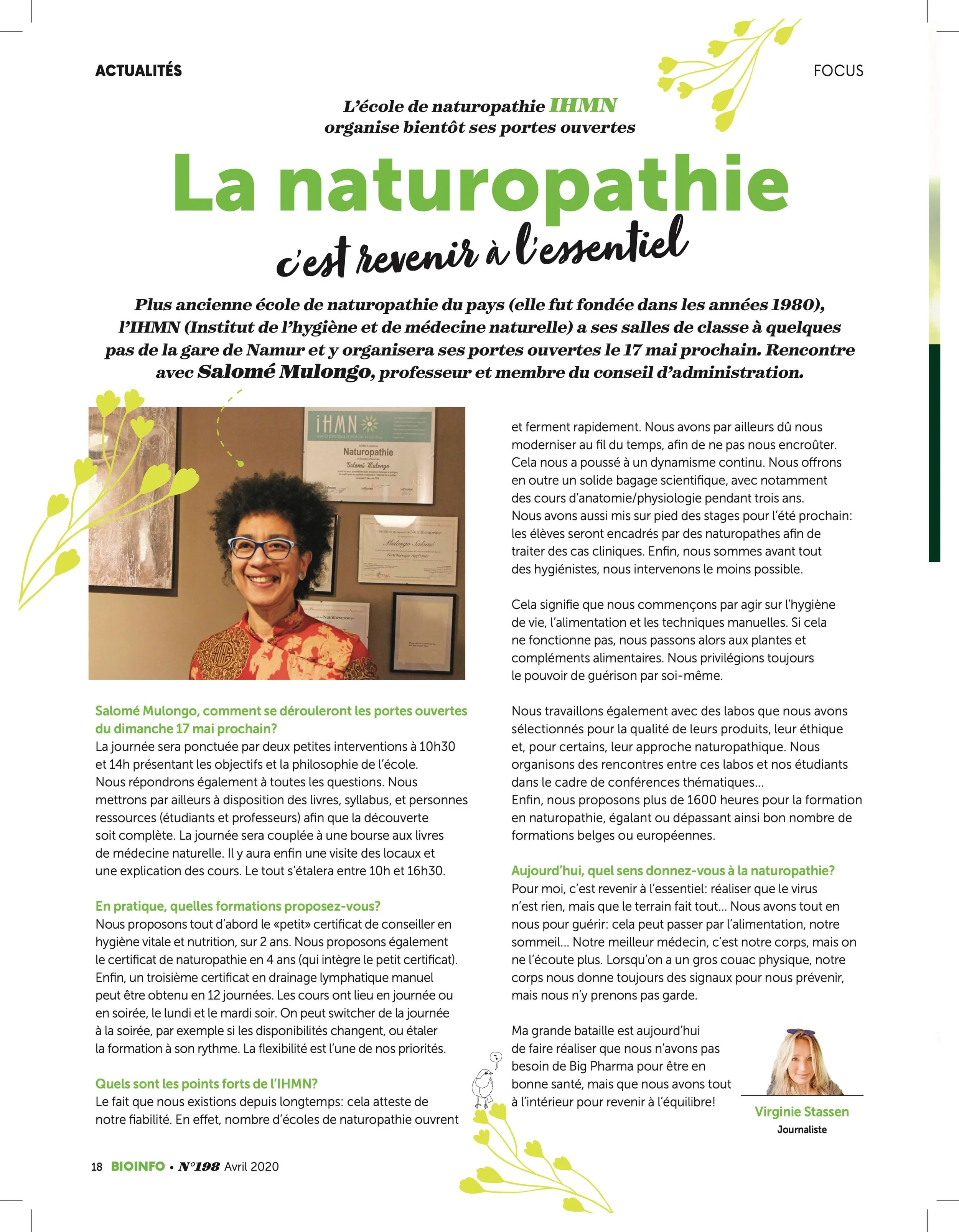 Page de magazine en français avec un titre vert prominent "La naturopathie", une photo de Salomé Mulongo souriante avec ses cheveux bouclés, portant des lunettes et une tenue rouge, et en arrière-plan ses diplômes accrochés au mur.