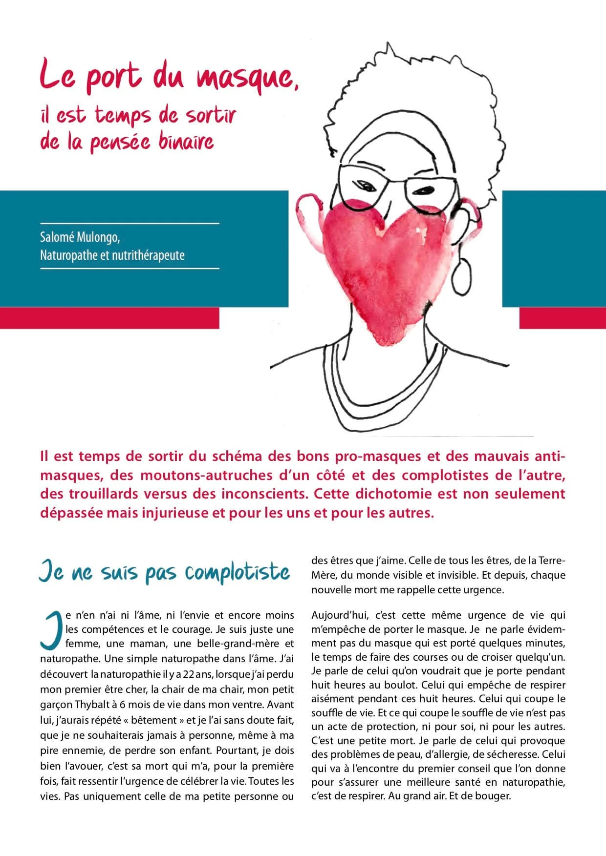 Page de magazine avec illustration représentant Salomé Mulongo portant un masque rouge en forme de cœur, texte en français sur le sujet du port du masque et de la pensée binaire