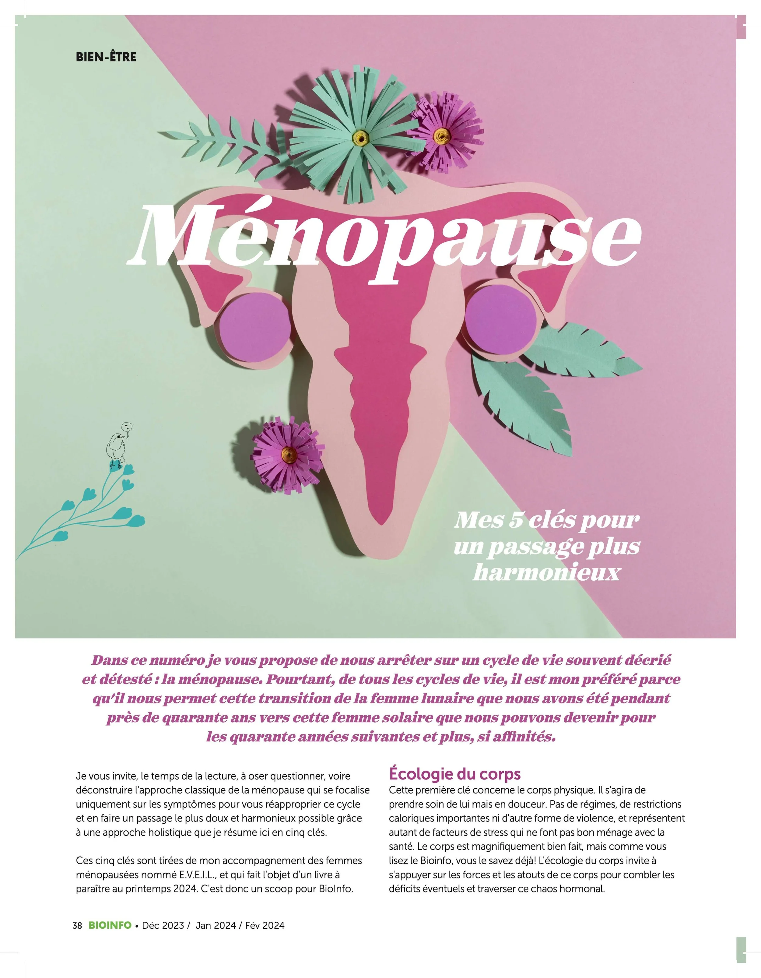 Page du Bioinfo 2024-2025 sur la 'Ménopause' - 'Mes 5 clés pour un passage plus harmonieux'. de Salomé Mulongo