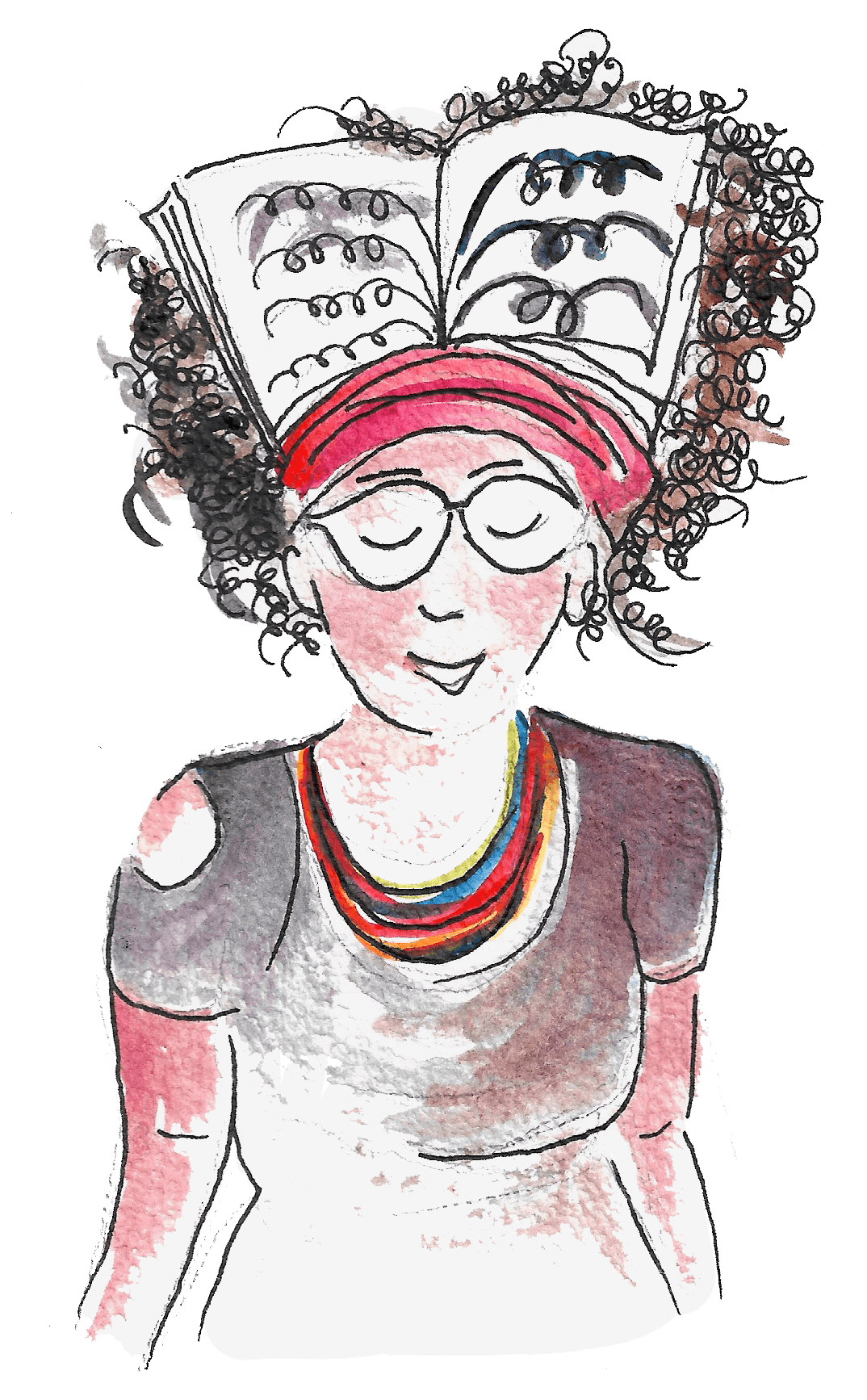 Une femme souriante portant un chapeau avec un livre ouvert dessus, ses yeux fermés, portant plusieurs colliers colorés.