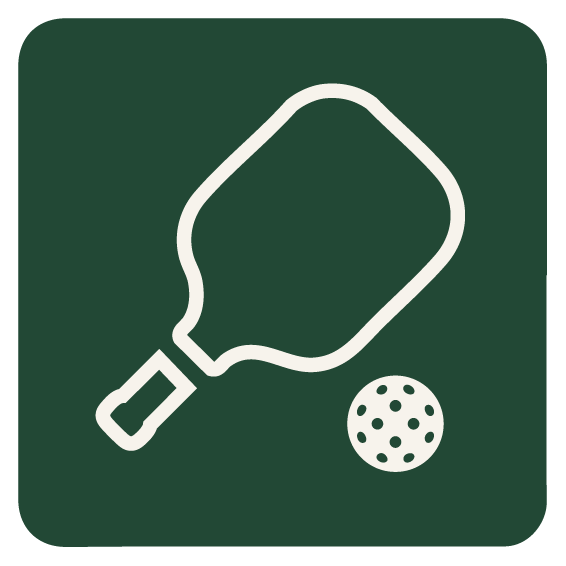 A graphic showing a pickleball paddle and ball on a dark green background.