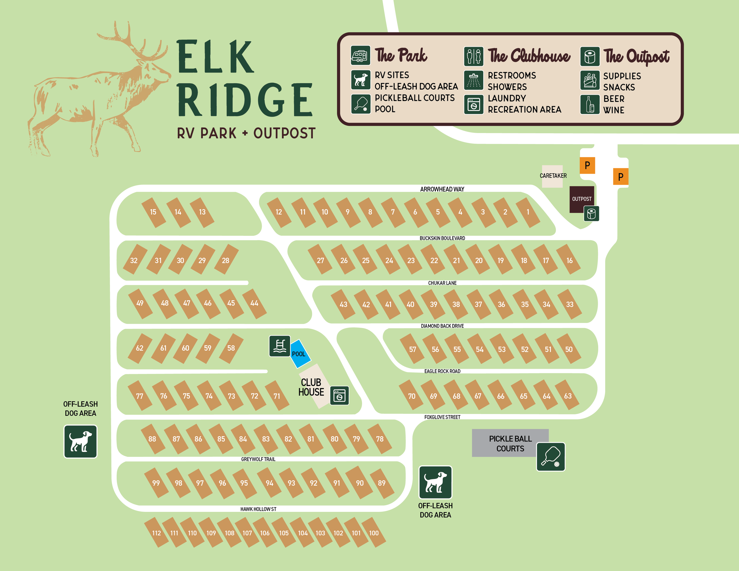Map of Elk Ridge RV Park and Outpost showing site layout, amenities, and designated areas for RV sites, cabins, and dog parks.
