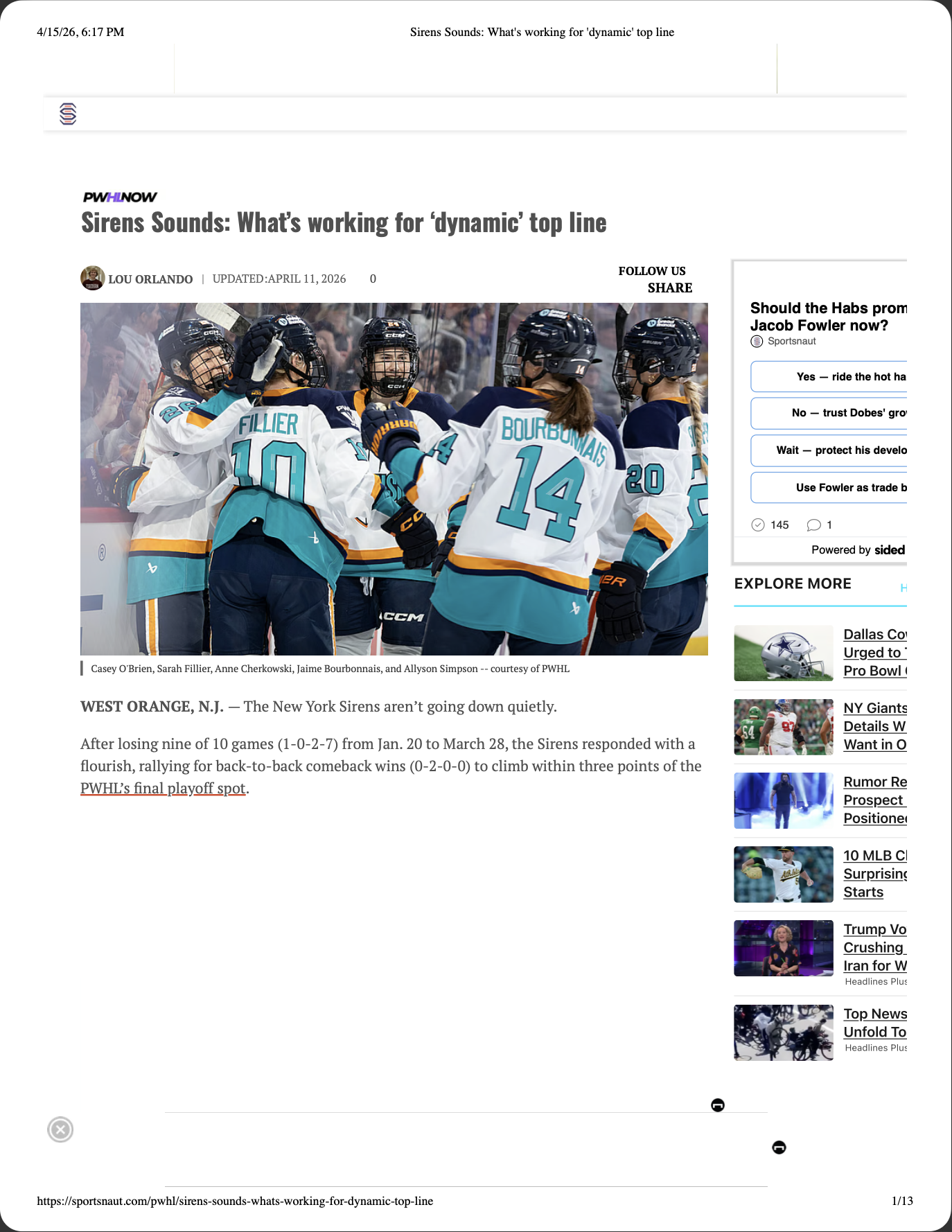 PWHL Now notebook column -- "Sirens Sounds: What's working for 'dynamic' top line"