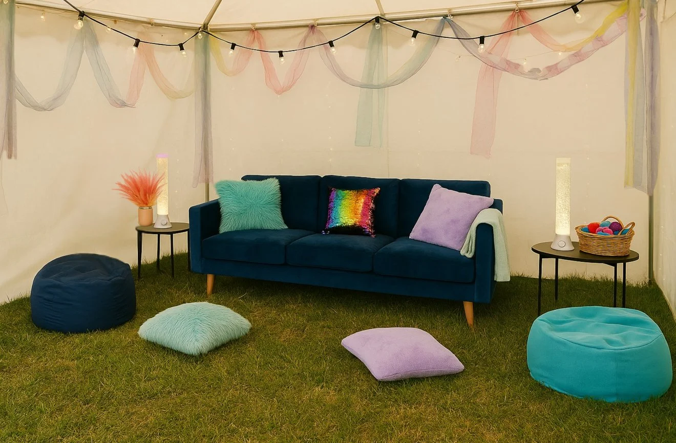 Decorated tent with blue sofa, pastel-coloured pillows, poufs, string lights, and side tables with lamps and basket of yarn, set on grass. A Low-stimulation sensory zone with fibre-optic lighting and quiet design for regulation and rest.