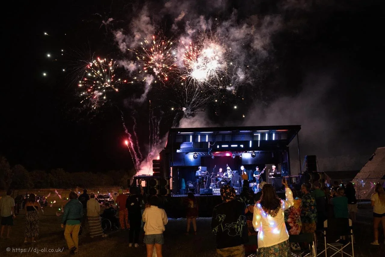 People watching a live outdoor concert at night with fireworks lighting up the sky.