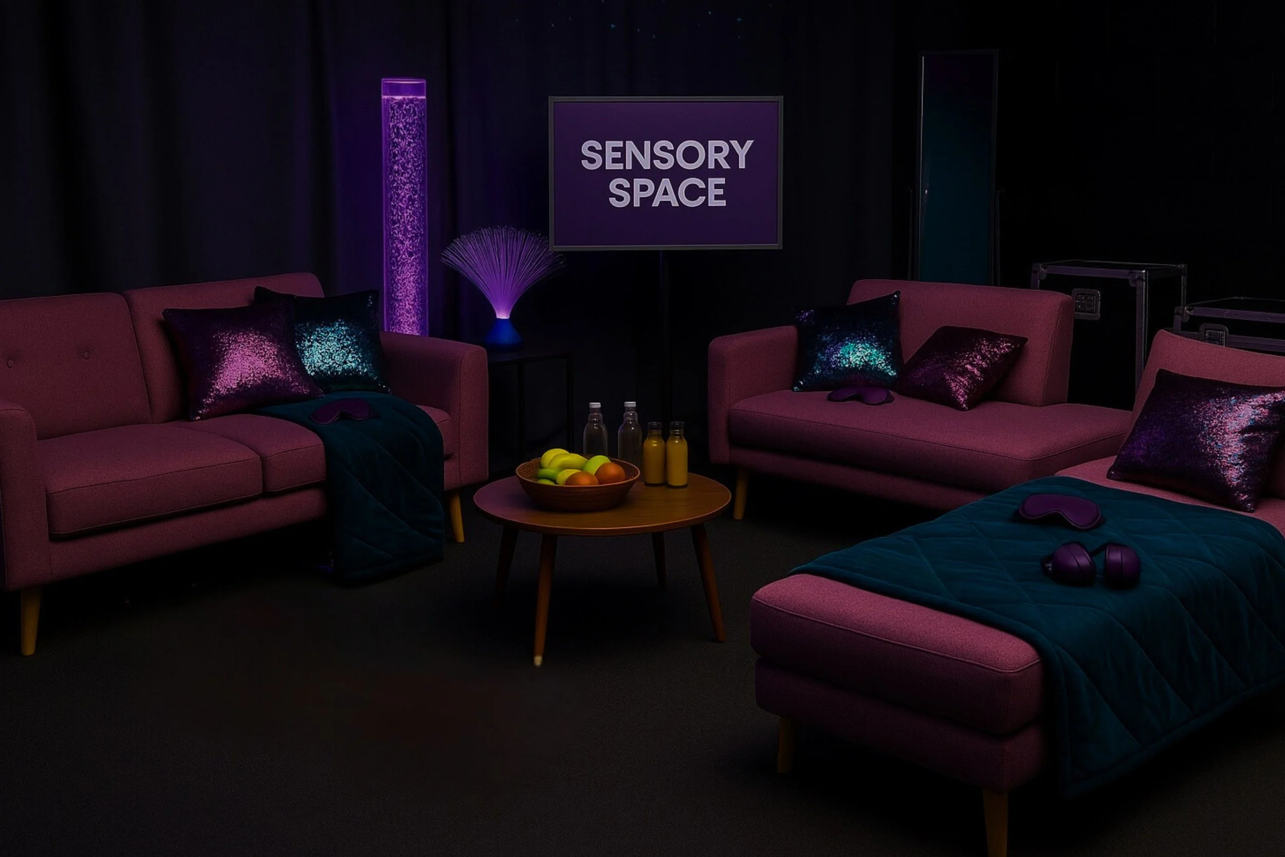 A dark room with pink couches, black pillows with shiny purple and teal sequins, a small wooden table with fruit and drinks, and a large sign that reads 'Sensory Space', illuminated with purple lighting.