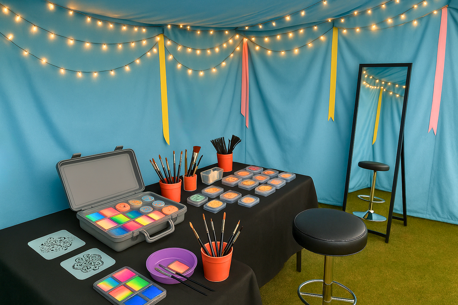 Decorative hair dressing and faceprint station with face paints, glitter, brushes and stencils on a black table inside a colourful tent with string lights, ribbons, a mirror, and a stool. Sensory Friendly for all abilities.