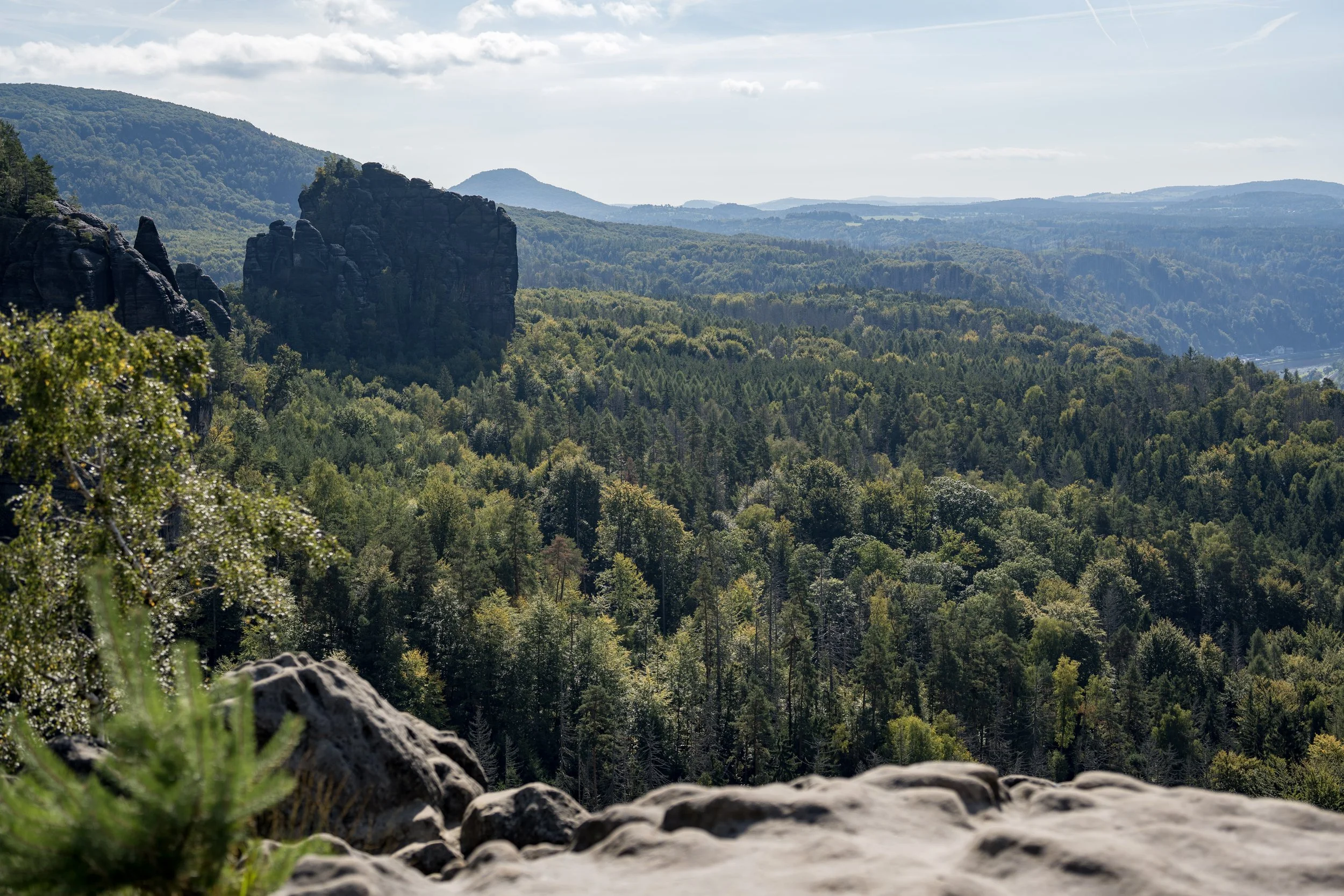View of a lush green forest with rock formations in the distance, under a partly cloudy sky.