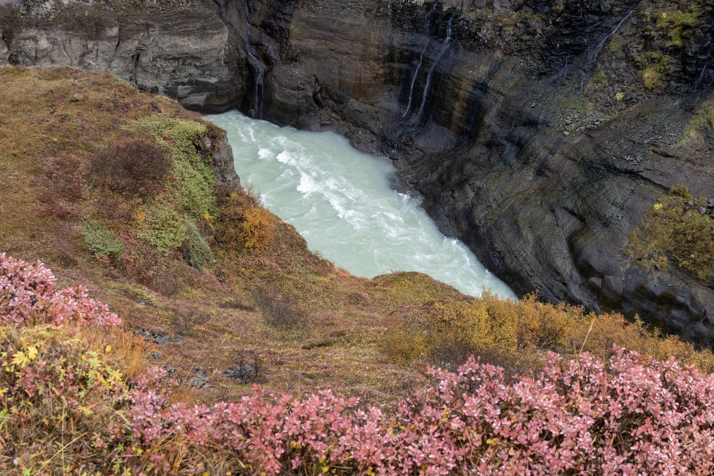 A river flowing through a rocky canyon with colorful autumn foliage along the edges.