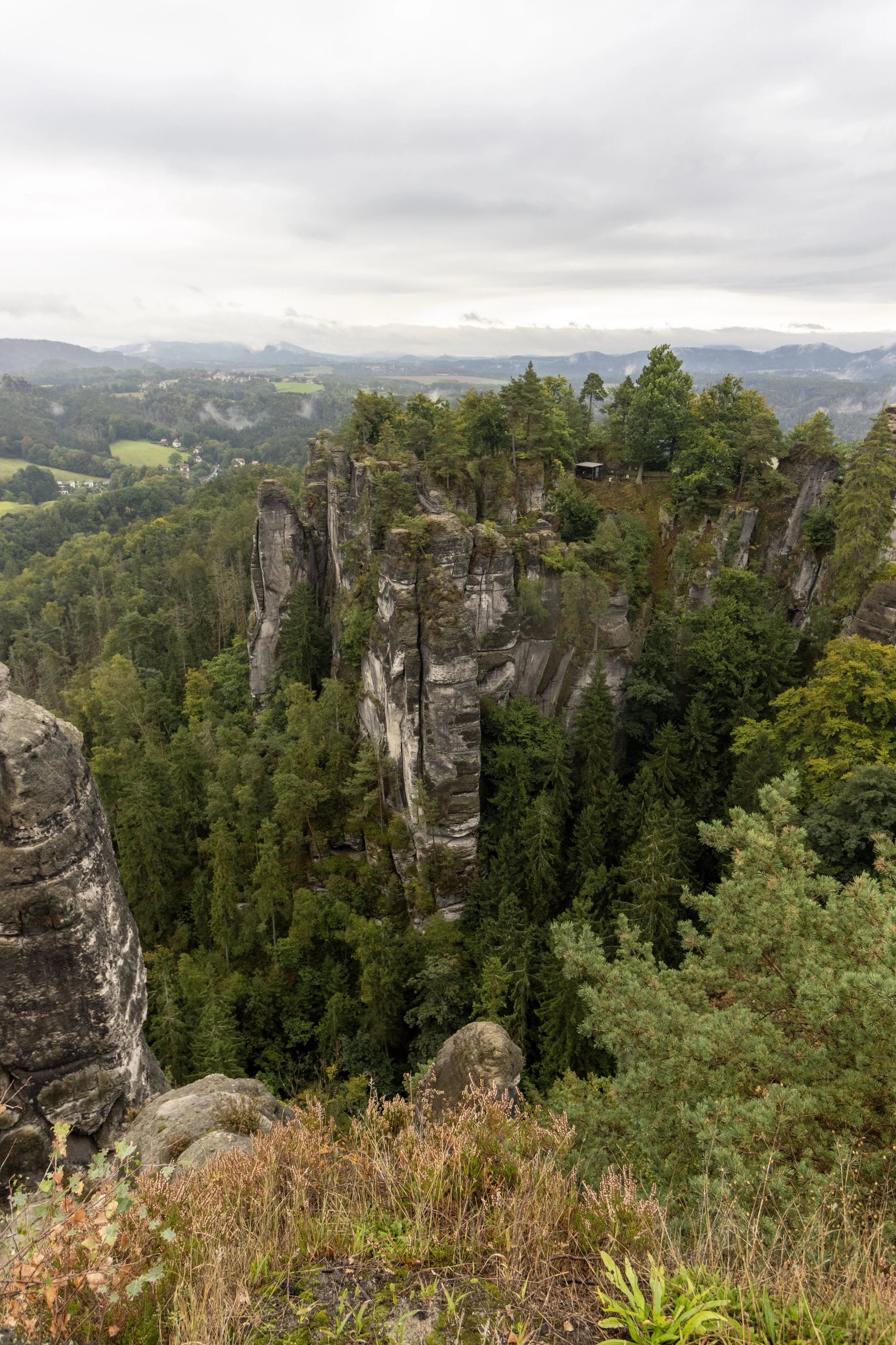 A landscape view of tall rocky cliffs covered with trees and green forest, with a cloudy sky above.