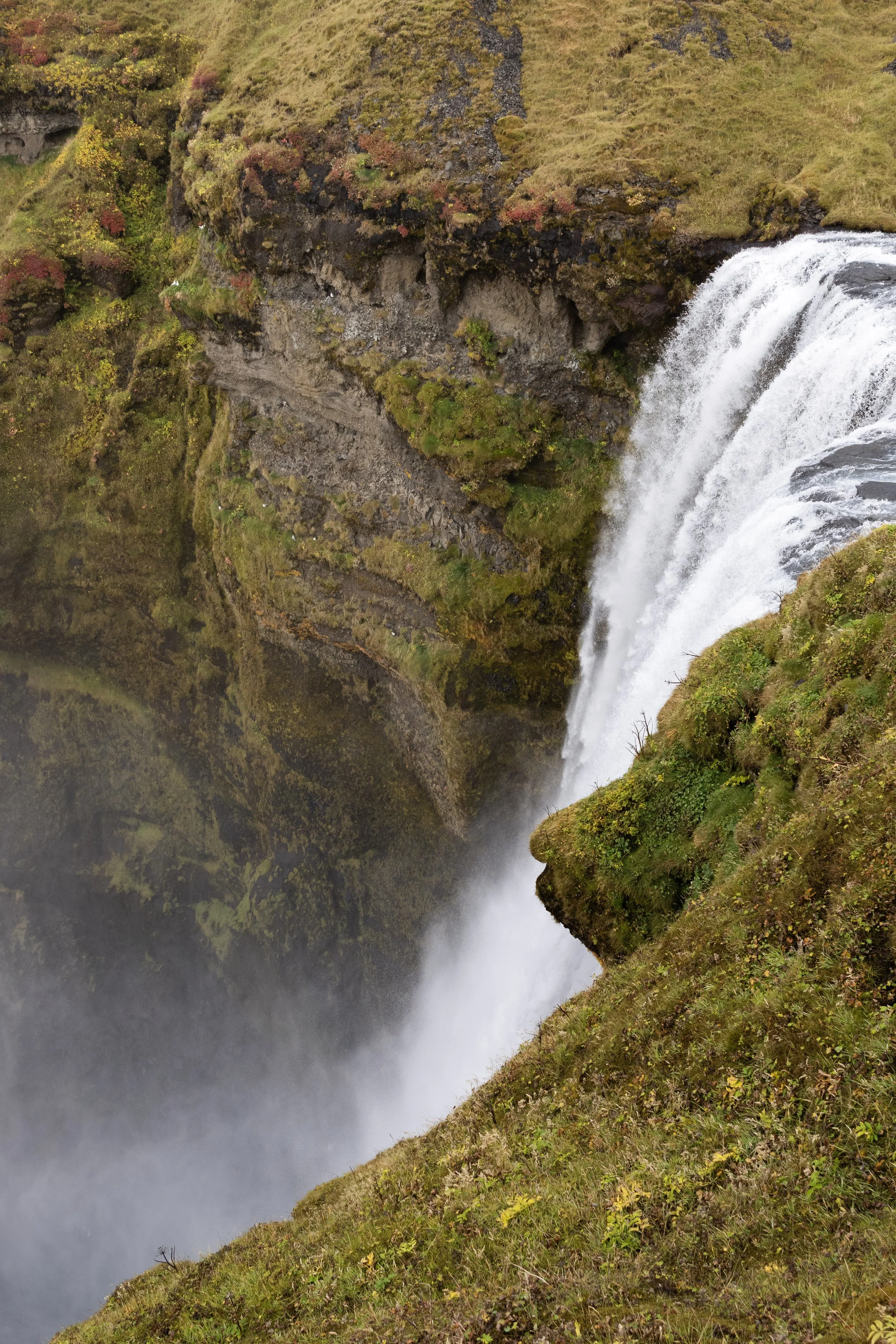 A waterfall cascading down a moss-covered cliff, surrounded by green vegetation.