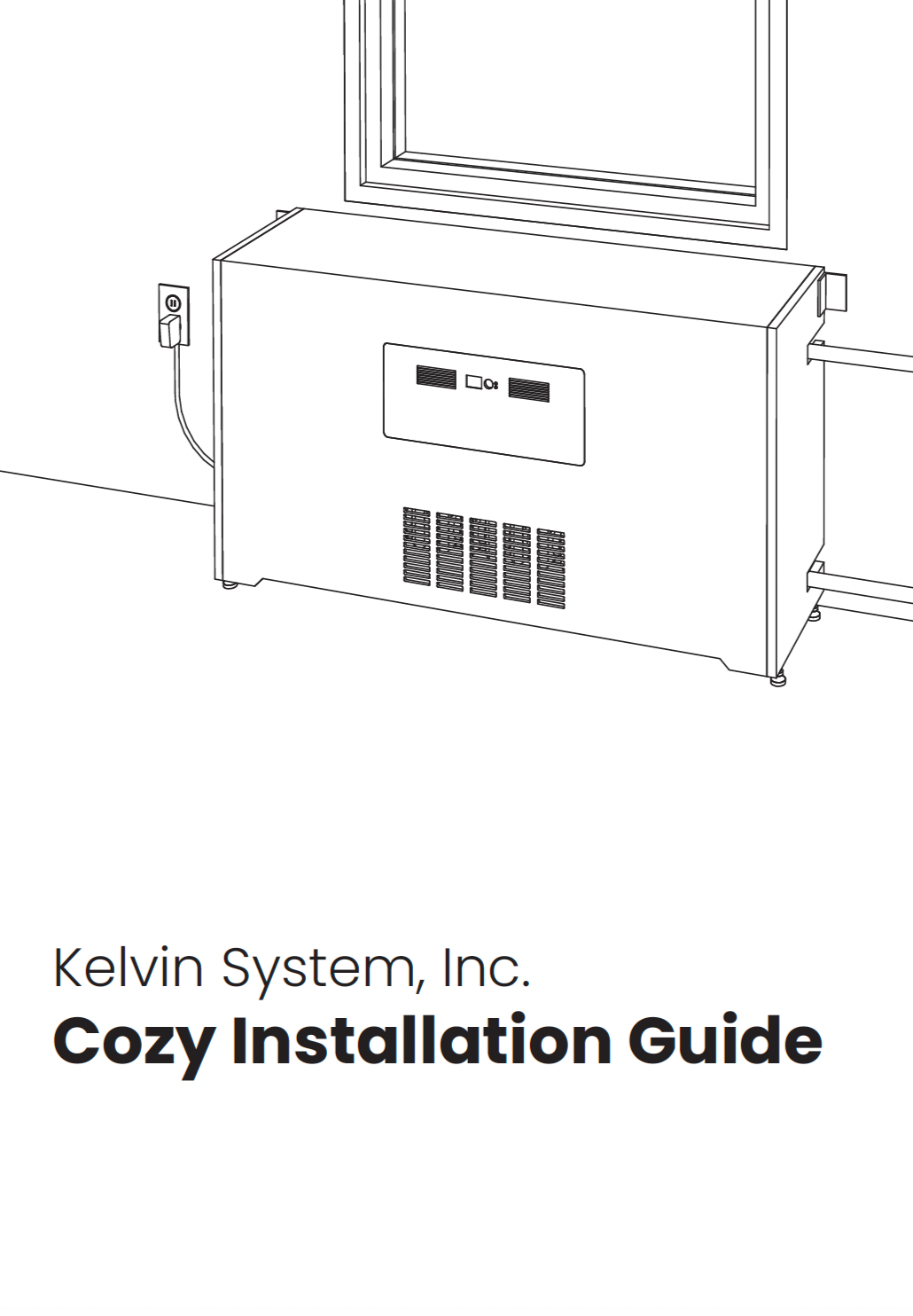 Installation guide cover with a black and white line drawing of a Cozy Custom underneath a window.