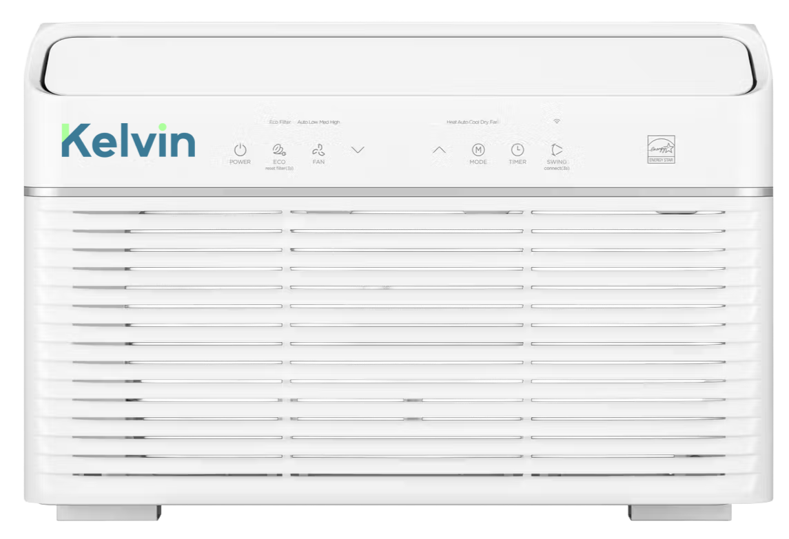 An electric window and through wall heat pump with a Kelvin logo on it