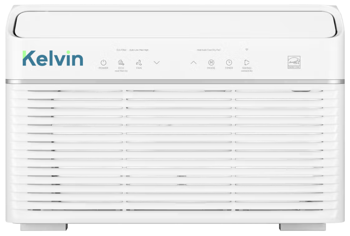 A white window/through wall compatible AC unit. There are vents on the front and icons above the vents that help control the unit.