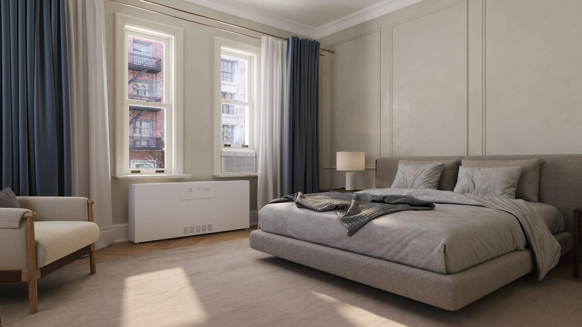 Image of a white cabinet covering a cast iron radiator and a heat pump in the window