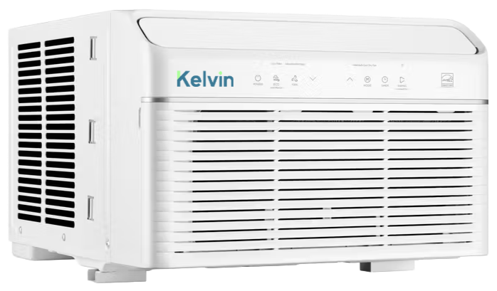 An angled profile of a window heat pump with a Kelvin logo