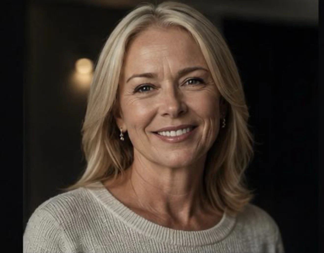 A woman with blonde hair smiling, wearing a white top