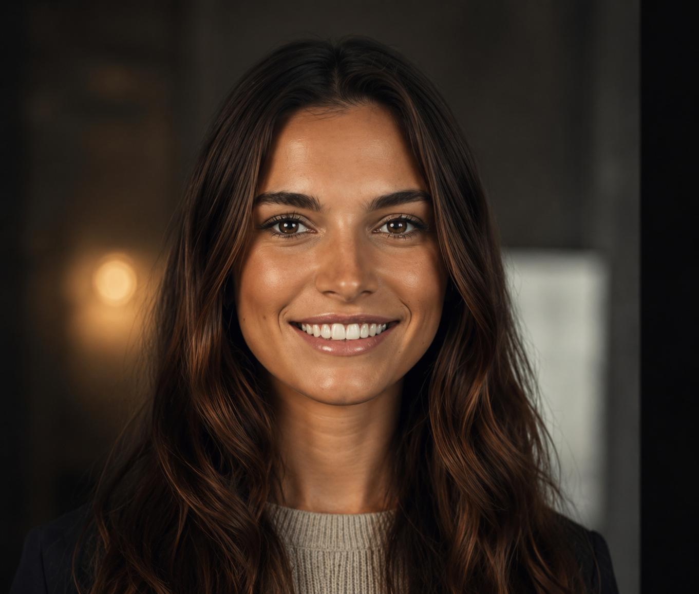A smiling young woman with long brown hair, wearing a beige sweater and black blazer.