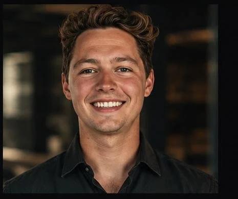 A smiling man with curly brown hair wearing a gray collared shirt, posing against a white background.