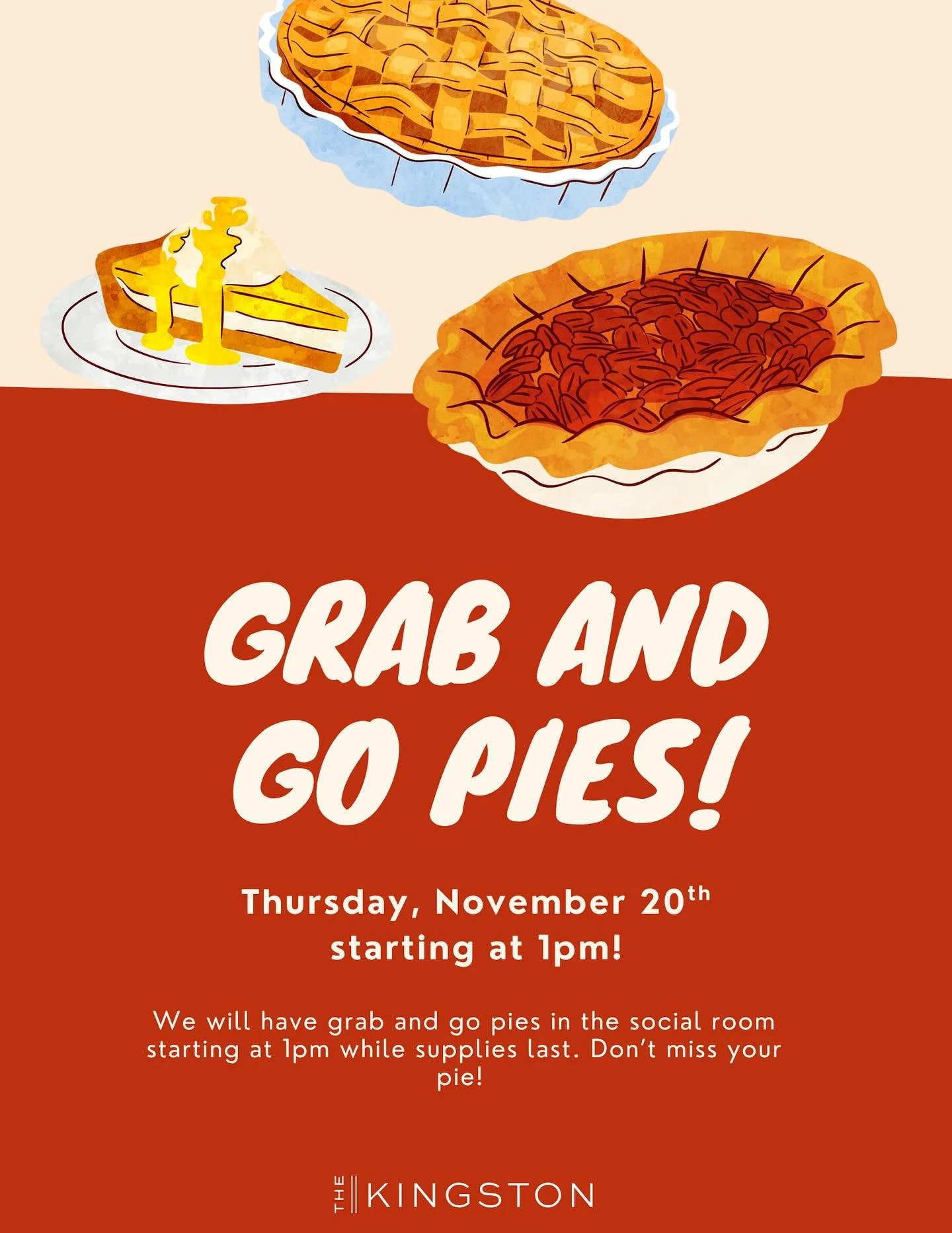 🥧✨ It&rsquo;s PIE TIME! ✨🥧
We&rsquo;re kicking off the cozy season the right way &mdash; with Grab &amp; Go Pies!
Stop by the Social Room on November 20th starting at 1PM to snag a sweet treat to take home. Perfect for dessert&hellip; or, like, mid