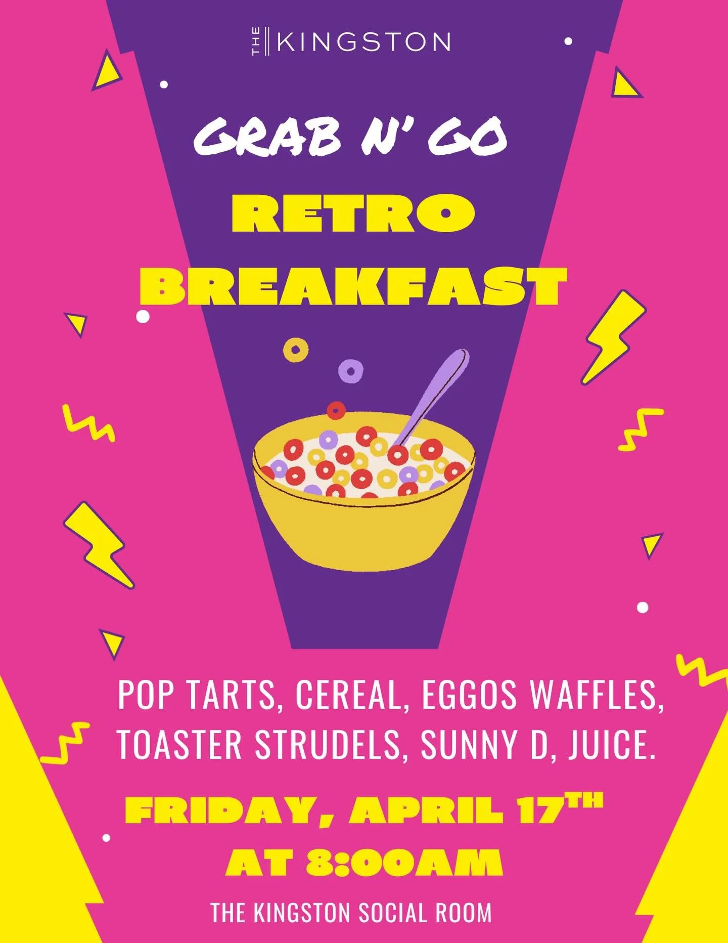 Breakfast, but make it nostalgic 🥞💛 Join us Friday, April 17th at 8:00 AM in the Social Room for our Retro Breakfast Bar! Think all your childhood faves&mdash;Toaster Strudels, Pop-Tarts, Eggo waffles &amp; SunnyD 🧃✨ Come hang with us!
