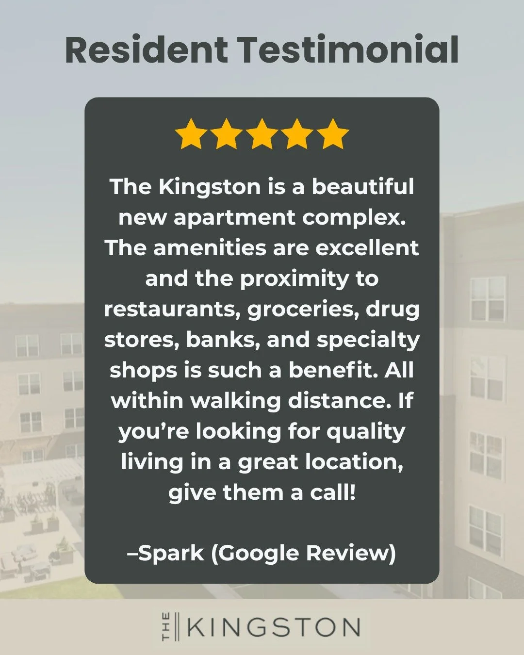 We LOVE to read reviews like these!! Thank you Spark for sharing your experience with us! ❤️

Interested in living in our community? Give us a call...we'd love for you to call The Kingston home! 🏠