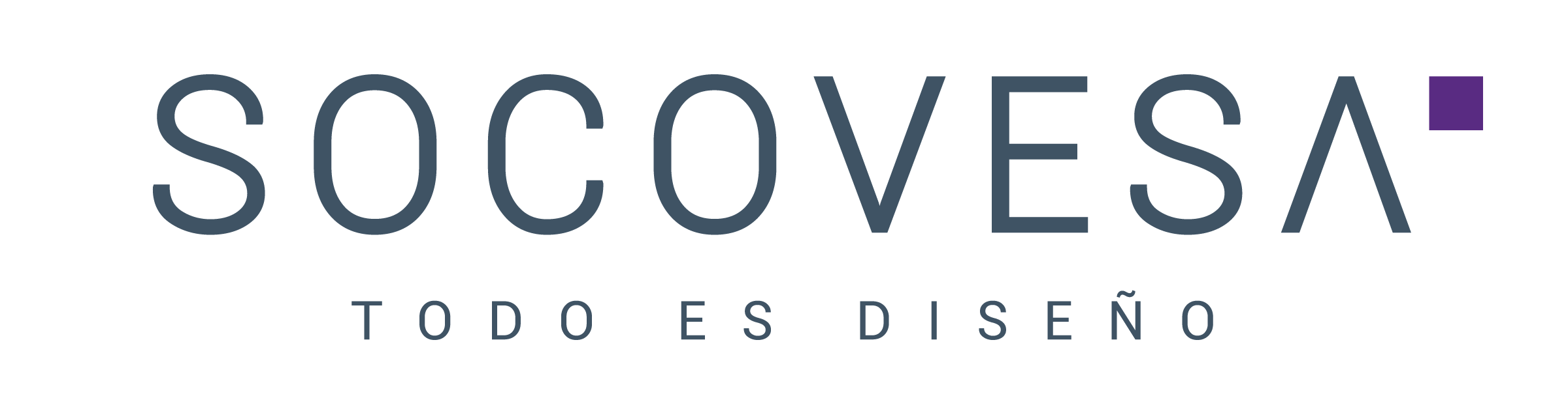 Logo con texto 'SOCOVESA, TODO ES DISEÑO' en letras grandes y color gris oscuro, con un pequeño cuadrado púrpura en la parte superior derecha.