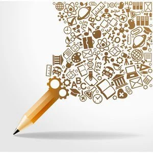 A pencil with a trail of various educational and school-related icons like books, calculator, globe, and notepad forming a large pencil shape.