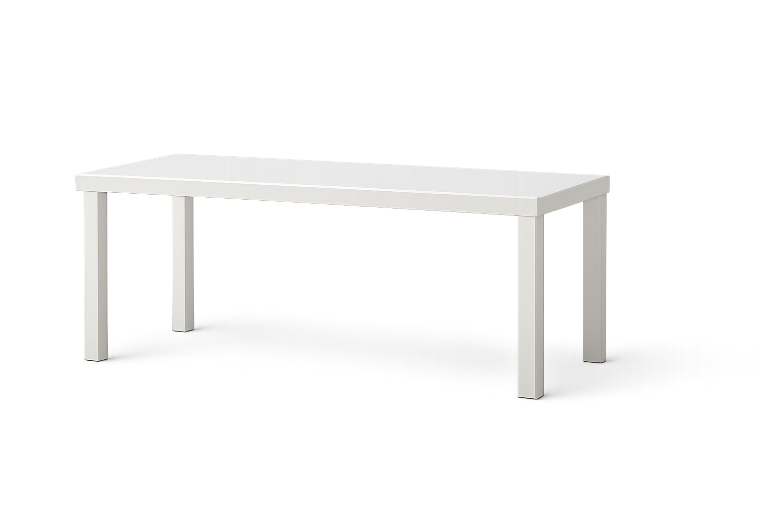 A white rectangular table with four legs in front of a colorful, abstract, laser-like background with shades of purple, pink, blue, red, and green.