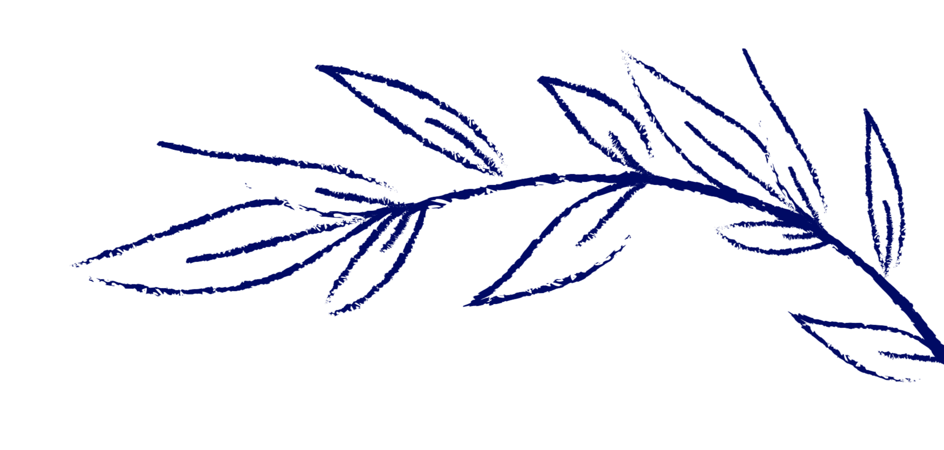 Stylized digital illustration of a branch with leaves in blue and white outlines on a black background.