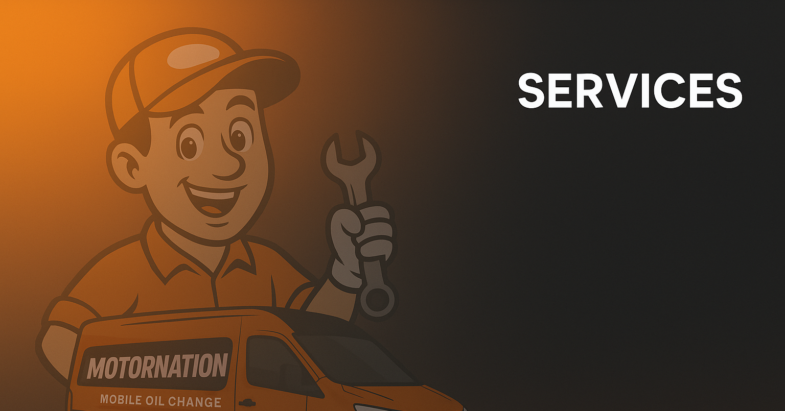 Graphic illustration of a smiling mechanic holding a wrench, with a van labeled 'MOTORNATION' indicating mobile oil change services, and the word 'SERVICES' in large text on a dark background.