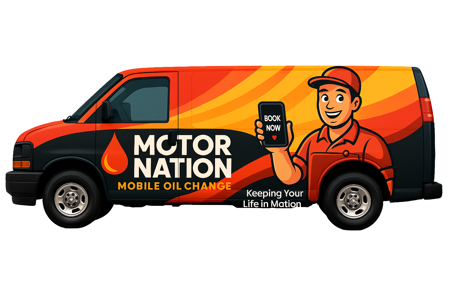 A vehicle wrapped in promotional graphics for Motor Nation, advertising mobile oil change services. The design features a cheerful man holding a phone that says 'Book Now', with the tagline 'Keeping Your Life in Mation'.