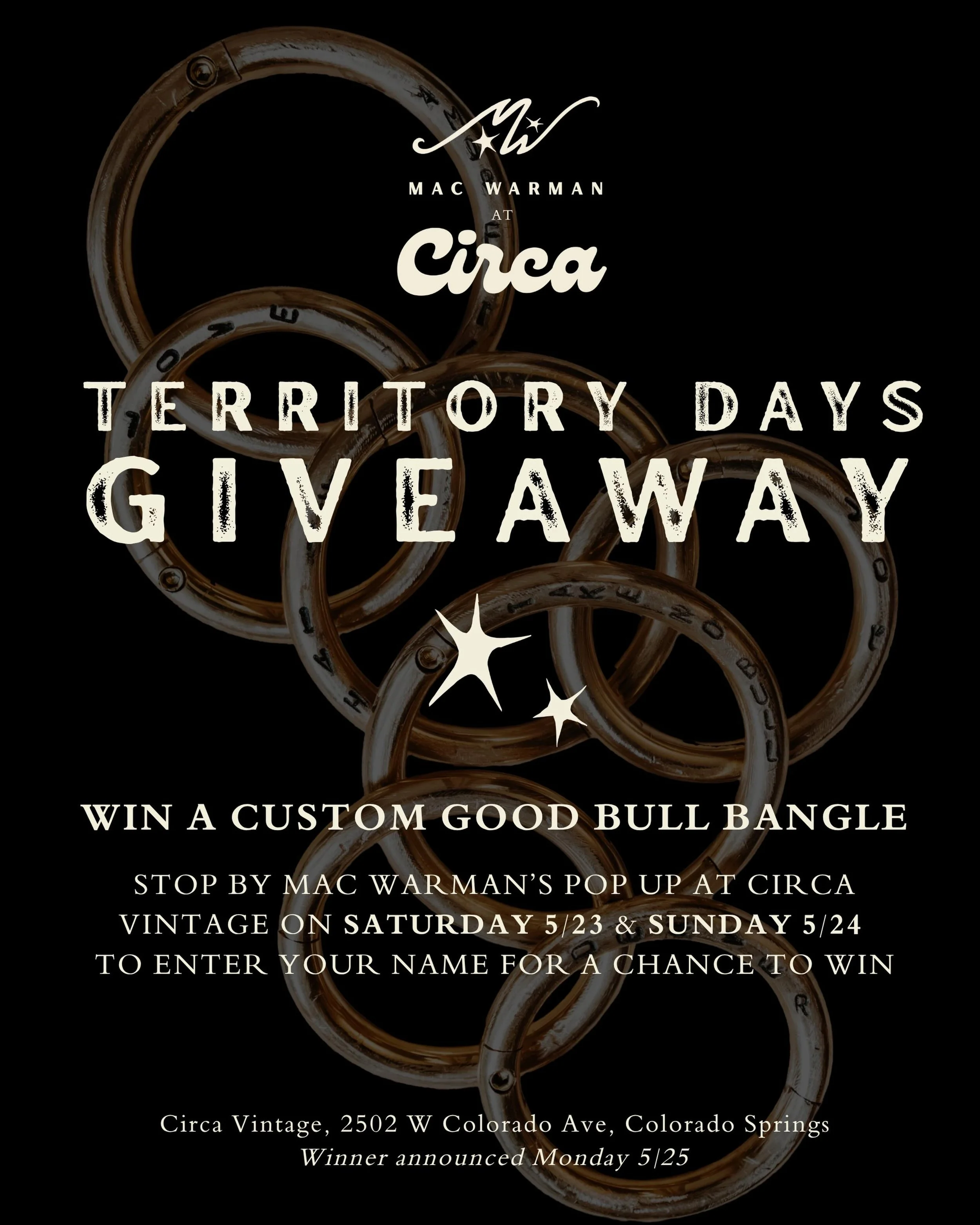 Come see us tomorrow and Sunday at @circa.vintage.shop and shop our Territory Days pop up and enter to win a custom Good Bull Bangle! #territorydays #coloradosprings #popupshop
