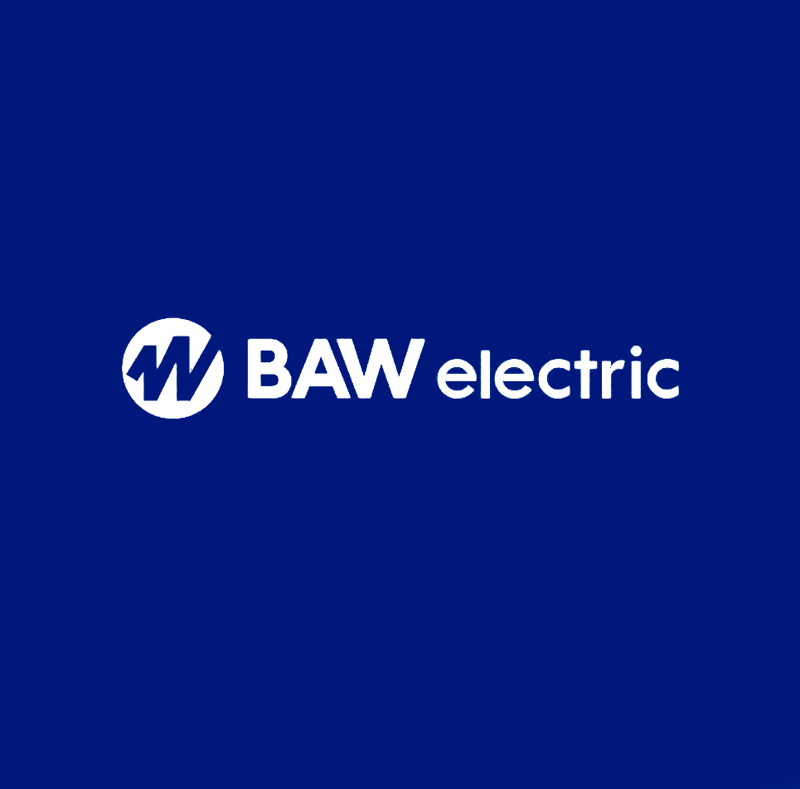 Logotipo de BAW Electric en fondo azul.