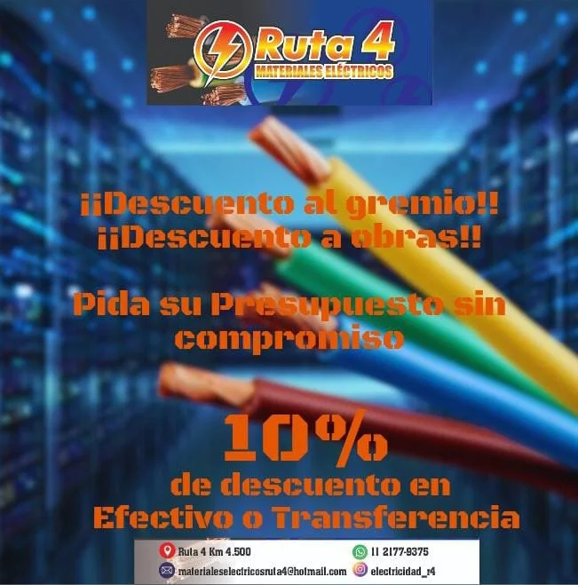 Publicidad de una tienda de materiales eléctricos llamada 'Ruta 4' con cables de colores y texto promocional en español